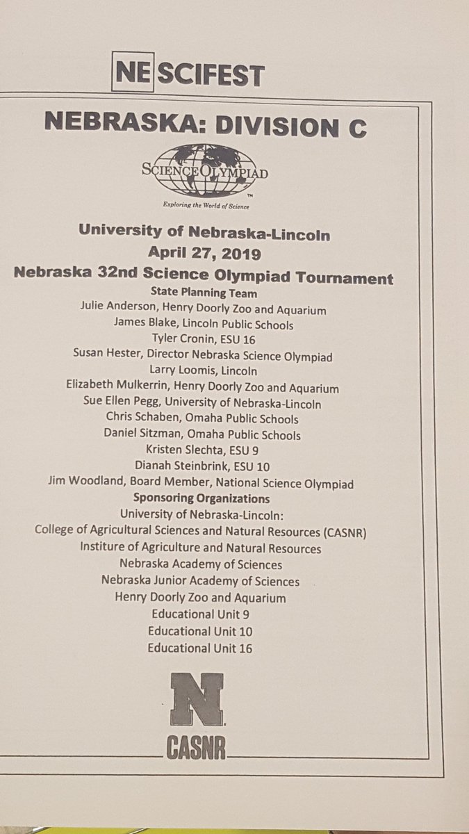 Teams are beginning to arrive to Nebraska Science Olympiad! Looking forward to a great day <a href="/UNL_CASNR/">University of Nebraska CASNR</a>! Thanks to sponsors, including <a href="/NebAcadSci/">Nebraska Academy of Sciences</a>
<a href="/ESU_10/">ESU10</a> <a href="/OmahaZoo/">Omaha's Zoo</a> <a href="/NESciFest/">NESciFest</a>
