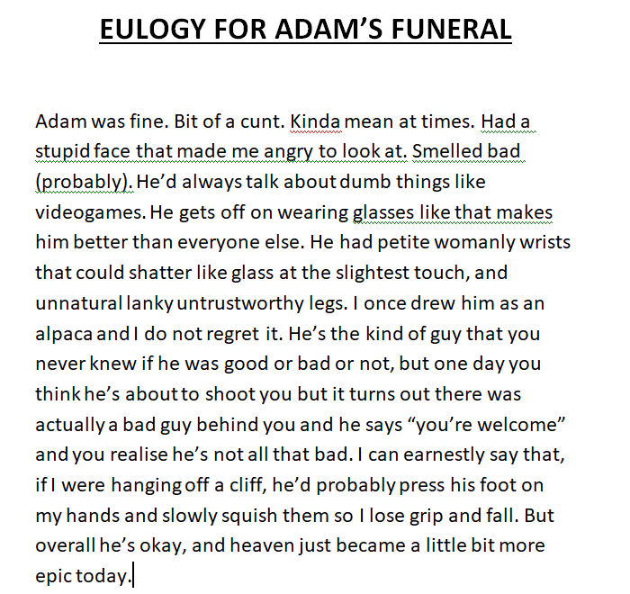 Wschmidth's tweet photo. Found an old eulogy @KanesTheName wrote for me last year. I especially like the very last sentence. https://t.co/CGG3ZKFr0g