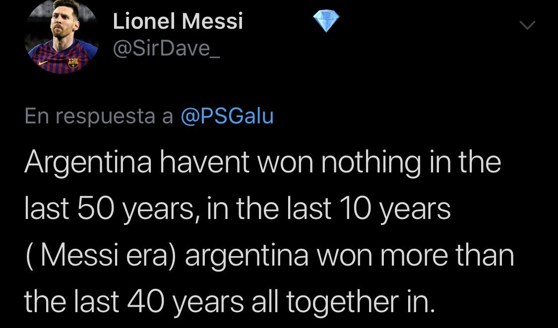 PSGalu's tweet photo. Argentina Without Messi in the last 50 years: 

•World Cup 1978, 
•World Cup 1986, 
•Copa America 1991, 
•Copa Confederaciones 1993.

Argentina with Messi: 

•Absolutely nothing, zero trophies. https://t.co/tqd2KeeSaC