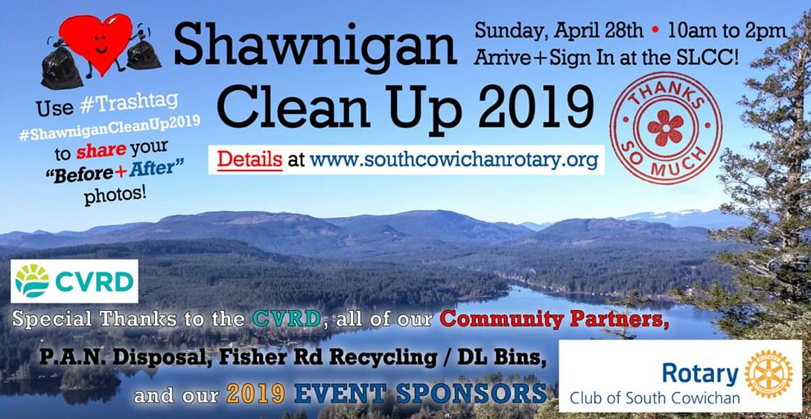 Come help clean up Shawnigan lake tomorrow Apr 28 10-2 pm. Meet at SLCC. Use hashtags #trashtag #shawniganCleanUp2019
#trashtagchallenge