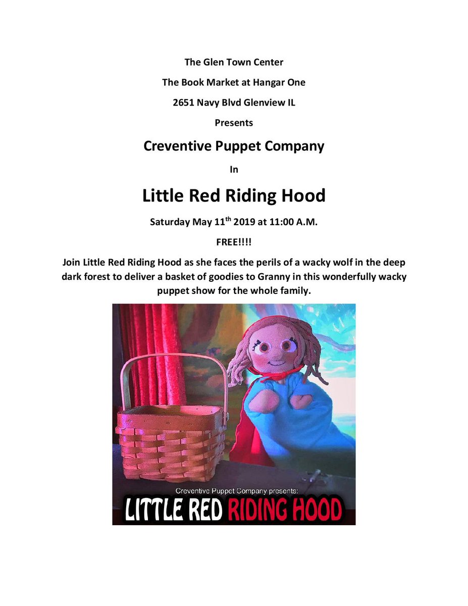 Hangar_One's tweet photo. Happening May 11th @Hangar_One, The Creeventive Puppet Company &amp; The Chicagoland Puppetry Guild present "Little Red Riding Hood". Please come and join us for this classic tale. #familyfun #familyfriendly #puppets https://t.co/jIr1fWLHwz