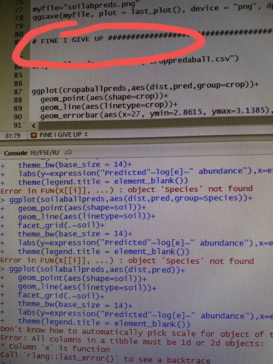 kelly_jowett's tweet photo. Sometimes R goes one error message too far for my sanity :( @Rothamsted @RresStudents #phdlife #phdchat #Statistics #rcode #researchfails #research #academic #problems https://t.co/D1Od5UgWFs