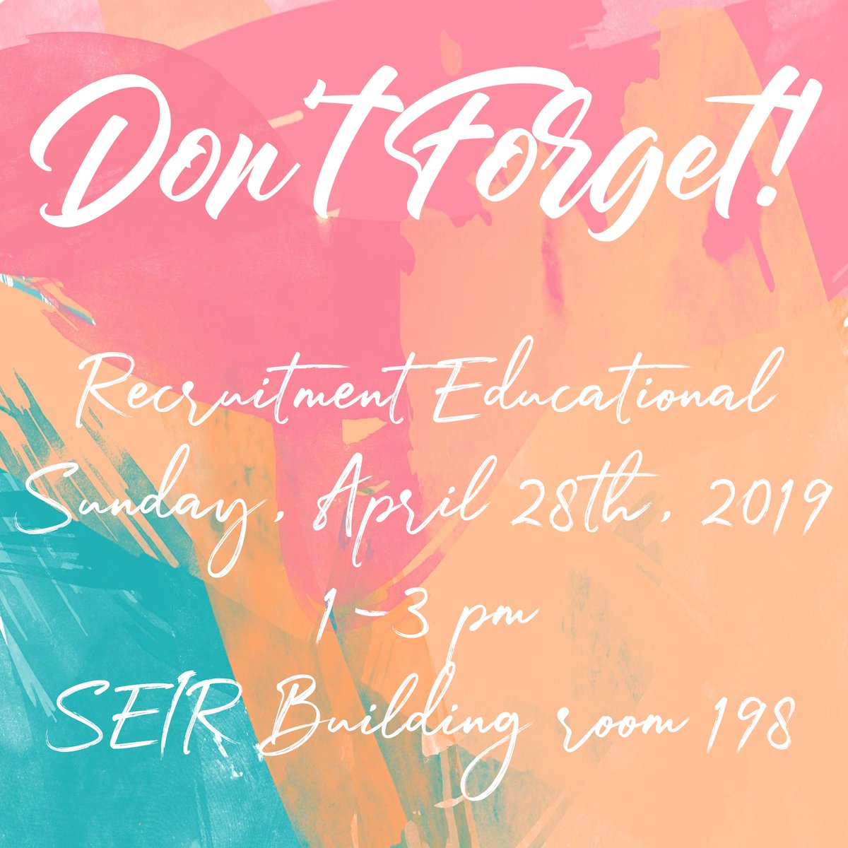 ATTENTION PANHELLENIC WOMEN! 📢📢📢 Please do not forget that the Mandatory Recruitment Educational is TOMORROW! We will be meeting in Room 198 of the SEIR Building on campus. It is a 20$ fine for missing it, so set your alarms in time! See all you lovely ladies tomorrow! 🕐☺️💗