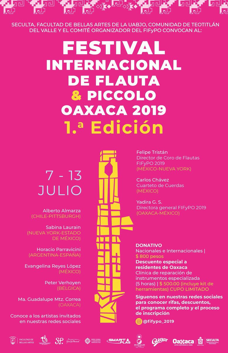 TeotitlanDValle's tweet photo. #Oaxaca sede del Primer Festival Internacional de Flauta &amp; Piccolo (FIFyPO) 2019, a realizarse del 7 al 13 de julio en sedes como la Facultad de Bellas Artes de la UABJO y en el municipio de Teotitlán del Valle.
#TierraDeDioses #LugarDeTradición #TeotitlánDelValle #Musica #CCCTV https://t.co/c3QSqAeBoi