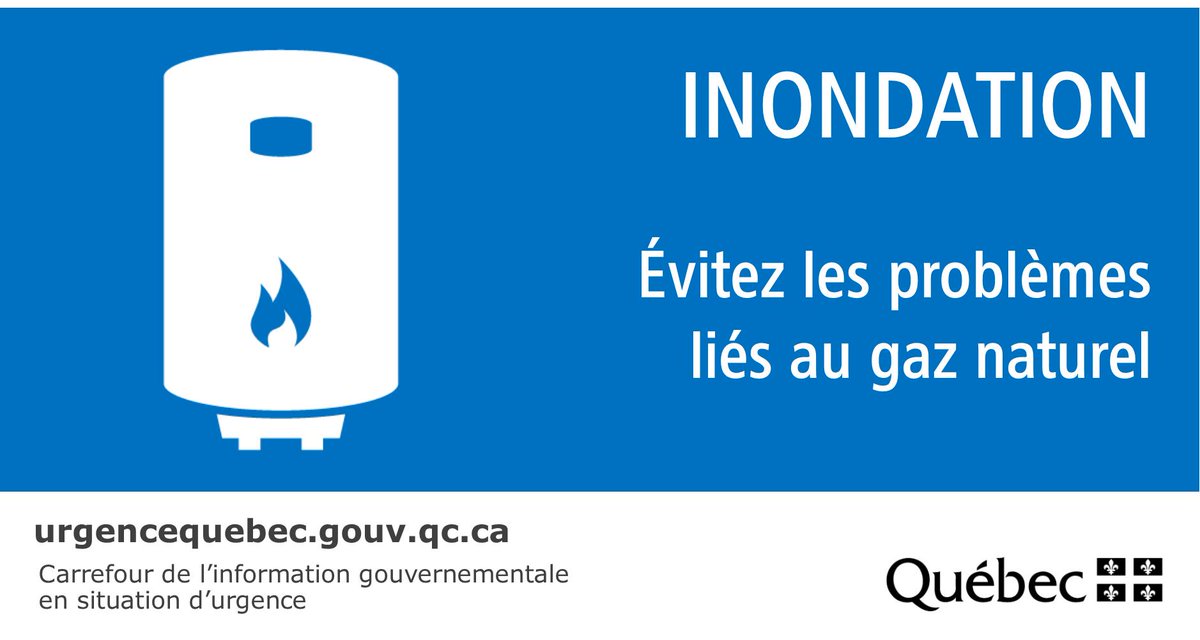 #Inondations | Si l'eau menace votre résidence :

⚠️ Fermez l’entrée principale du gaz, qui devra être rouverte par un spécialiste.
⚠️ Fermez les robinets des bouteilles de propane et des réservoirs de propane.
⚠️ Fermez le robinet à la sortie du réservoir à mazout
#MSGU #crue