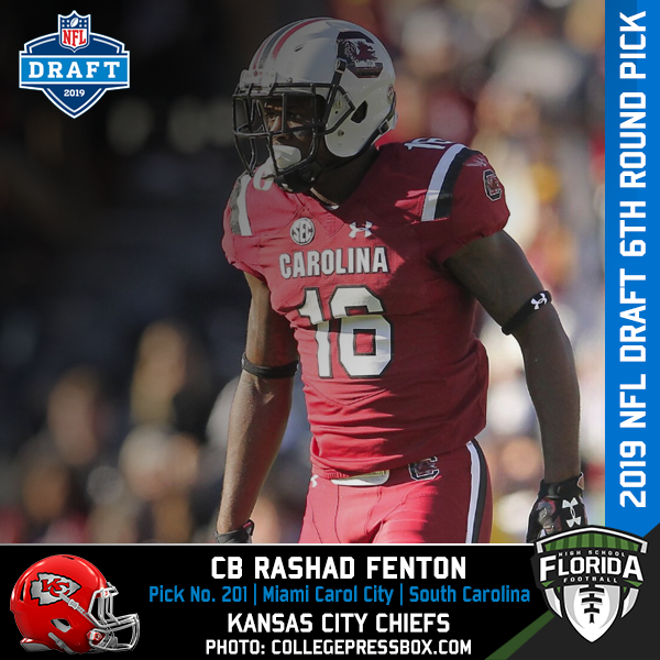 FlaHSFootball's tweet photo. #2019NFLDraft
ROUND 6, PICK NO. 201
CHIEFS
CB Rashad Fenton
Miami Carol City
South Carolina
#flhsfb #NFLDraft @CarolCitySr1
https://t.co/GOTEf8zfrB https://t.co/67r5gubcDR