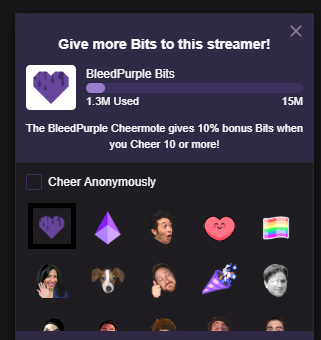 BHVannessa's tweet photo. FYI guys @Twitch is offering 10% more bitties to your favorite (or 2nd favorite) streamer when you choose the "bleedpurple" cheermote upon donating bits. It's completely free to you :) #yourewelcome <3 #rt2savealife https://t.co/5gWNYW7P37