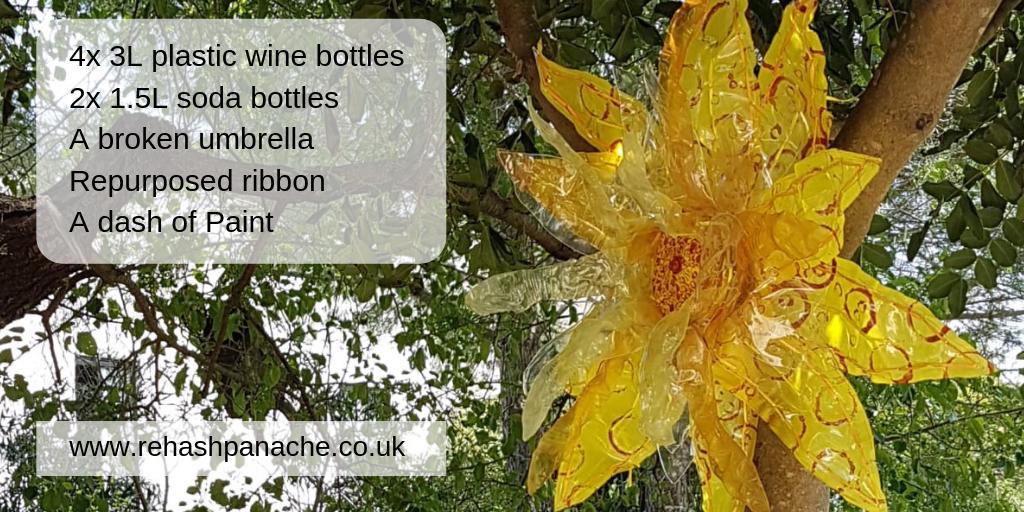 rehash_panache's tweet photo. After a couple of quiet years I'm getting back in the saddle with my Rehash Panache creative upcycling. Here's a big shiny happy sunflower to kick start things.... https://t.co/Ms6LXPynEu