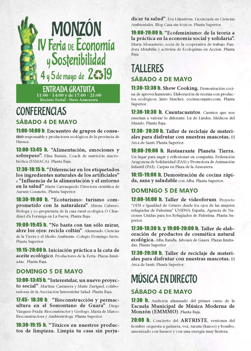 vicentegueonc's tweet photo. Las tardes del 4 y 5 de mayo 2019 Talleres de #reciclaje de materiales para disfrutar con nuestras #marcotas por @elarcadesanti dentro de la IV #Feria de #economia y #sostenibilidad @feria_eco_mzn de #monzon 4 y 5 de mayo 2019. #ecologia #eco #bio #sostenible https://t.co/ypEwYGCccz