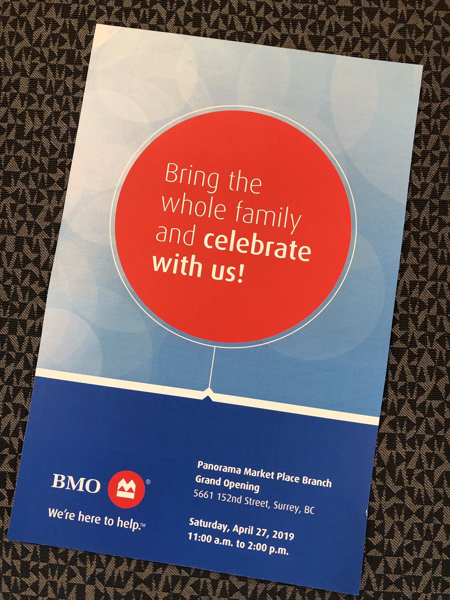 Good morning Surrey! Come kick off spring the right way at our <a href="/BMO/">BMO</a> Panorama grand opening, today from 11am to 2pm. Plant some flowers, eat a burger, try your luck at the BMO Money booth! 🌱🍔💸 #Surrey #Panorama <a href="/kulmeet87/">Kim</a> <a href="/williamhongwei/">William Hong</a> <a href="/mansukhsohi/">Mansukh Sohi</a> <a href="/robparrott2801/">Rob</a>