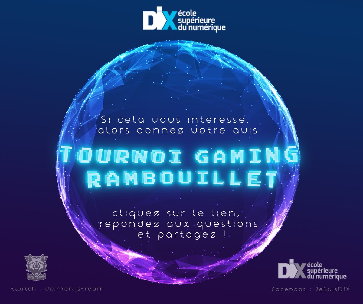 Parmi tous les projets de l'école, il y en a un qui prend de plus en plus de place. 
forms.gle/ZfF12yCWd2R4ie…
Nos étudions la possibilité de faire un tournoi de gaming à #Rambouillet. Alors avant que tout ceci prenne vie, nous avons besoin de vous pour mieux cerner vos attentes.