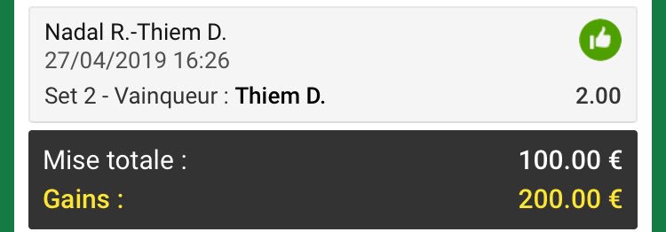 KPSPORTS_'s tweet photo. Résultats live du jour 😍

Medvedev 2,30 mise 20€✅
Thiem 1er set 2,50 mise 50€✅
Thiem 2e set 2,00 mise 100€✅

Incroyable 😍

Des tickets ?😏

Tu veux encore du live ?

40♻️et 50❤️ et je poste de nouveau en live https://t.co/NVwaY2QhFY
