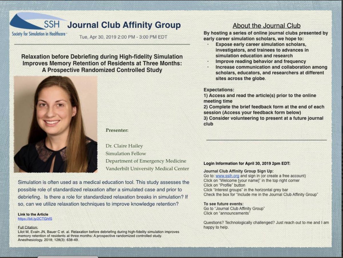 Are you interested in #Simulation? 

Join us on Tuesday 4/30 for Simulation Journal Club at 2:00pm EST. 
bit.ly/2IKY5hz

Link to article: bit.ly/2CTGhfS 

#SimJournalClub #JournalClub #Sim #SimFellowship