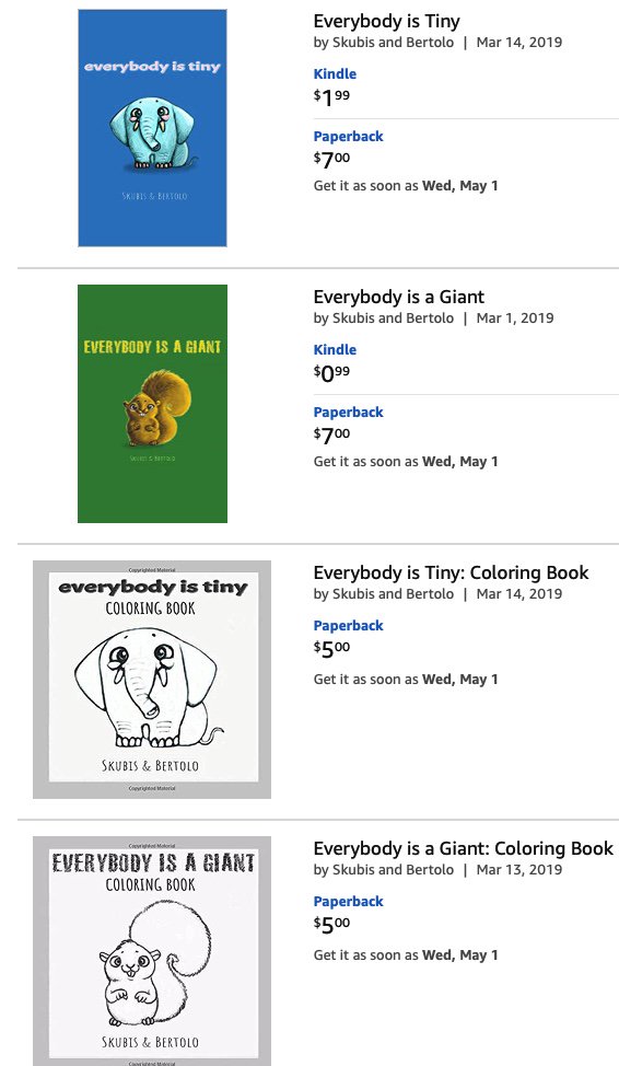 BertoloSkubis's tweet photo. Have a look at our #childrensbooks, Everybody is a Giant and Everybody is Tiny! Both are available on #amazon as #paperback and #ebooks. There are even #coloringbooks! Enjoy!
https://t.co/syvOCBVdXo https://t.co/9llrdbbqVT