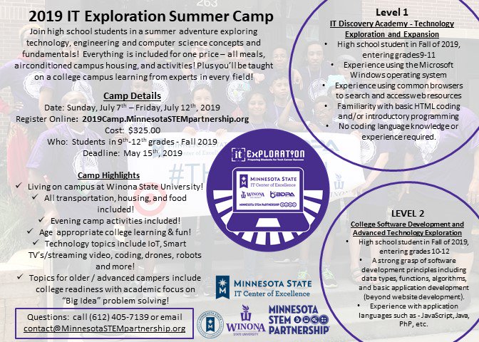 MichaelGWulf's tweet image. Parents w/students of color in (or near) Minnesota! Are you looking for a summer #STEM camp that has an incredible education value? Ask about this camp for High School students!  Great for new learners and advanced coding students! 
#STEM #UrbanCoding #MinnState @ITinMN