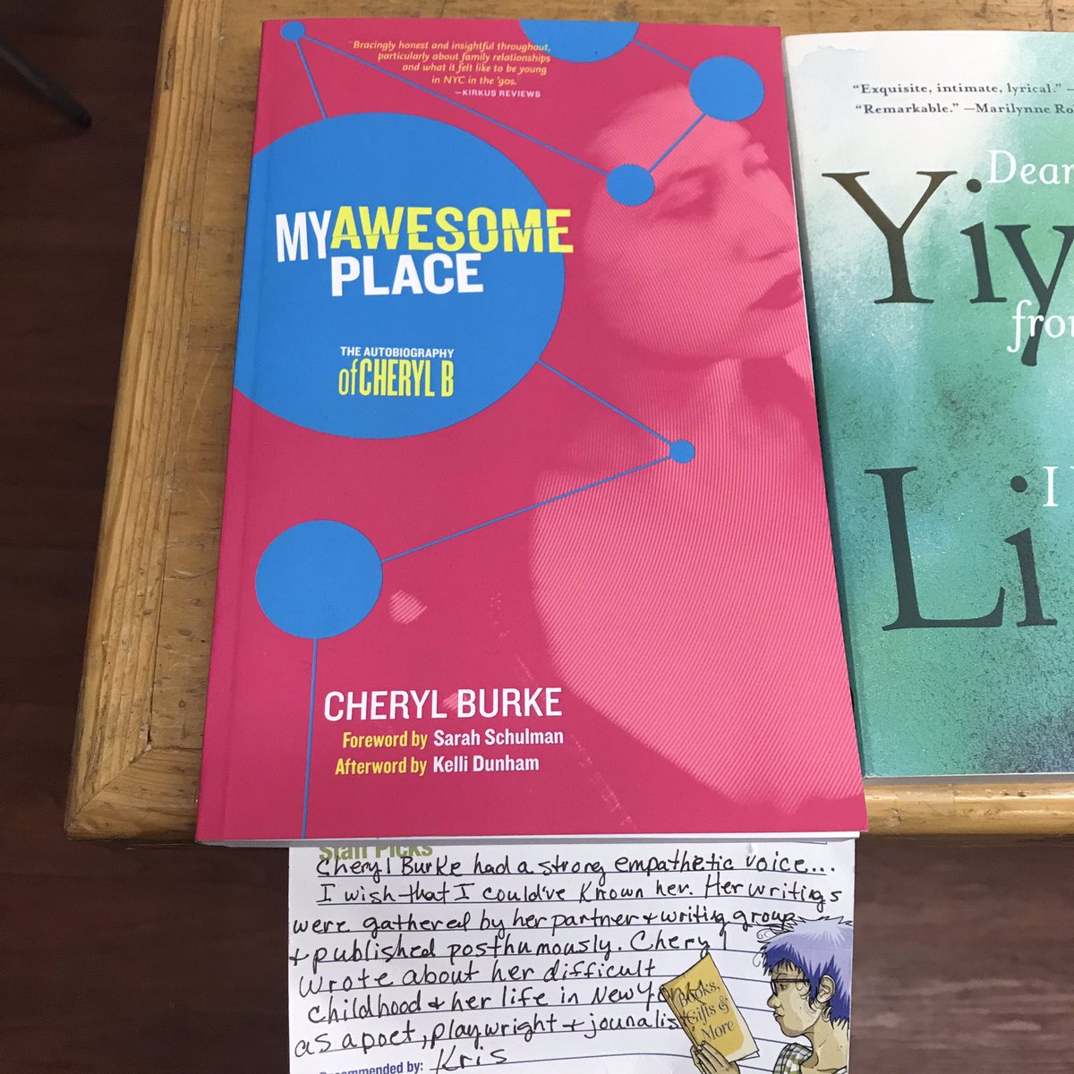 raquelita's tweet photo. I wasn’t expecting to tear up during my bookstore crawl. Miss you, Cheryl B. Thank you, @kellidunham, for creating this, and @wcfbook for highlighting it. Everyone, Cheryl was an amazing writer and you should read this! #chilovebooks #chibd #chiba #books #bookstoreday #memoir https://t.co/wXwGg48Rux