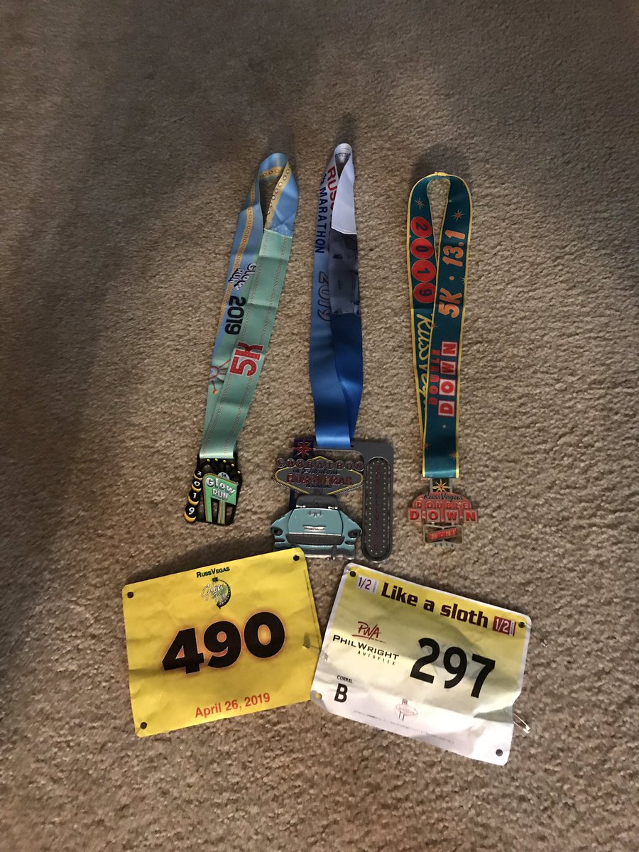 SassyTPanda's tweet photo. 13.1 happened-the medals are awesome, but not as much as the Green and Gold mile! CSP students, Campus Life, and Res Life made me feel like a celebrity! #csp #drhart #higheredconnection #reslifeconnection #hartofeducation #russvegashalfmarathon #likeasloth @atugradcollege https://t.co/2jU73QDRar