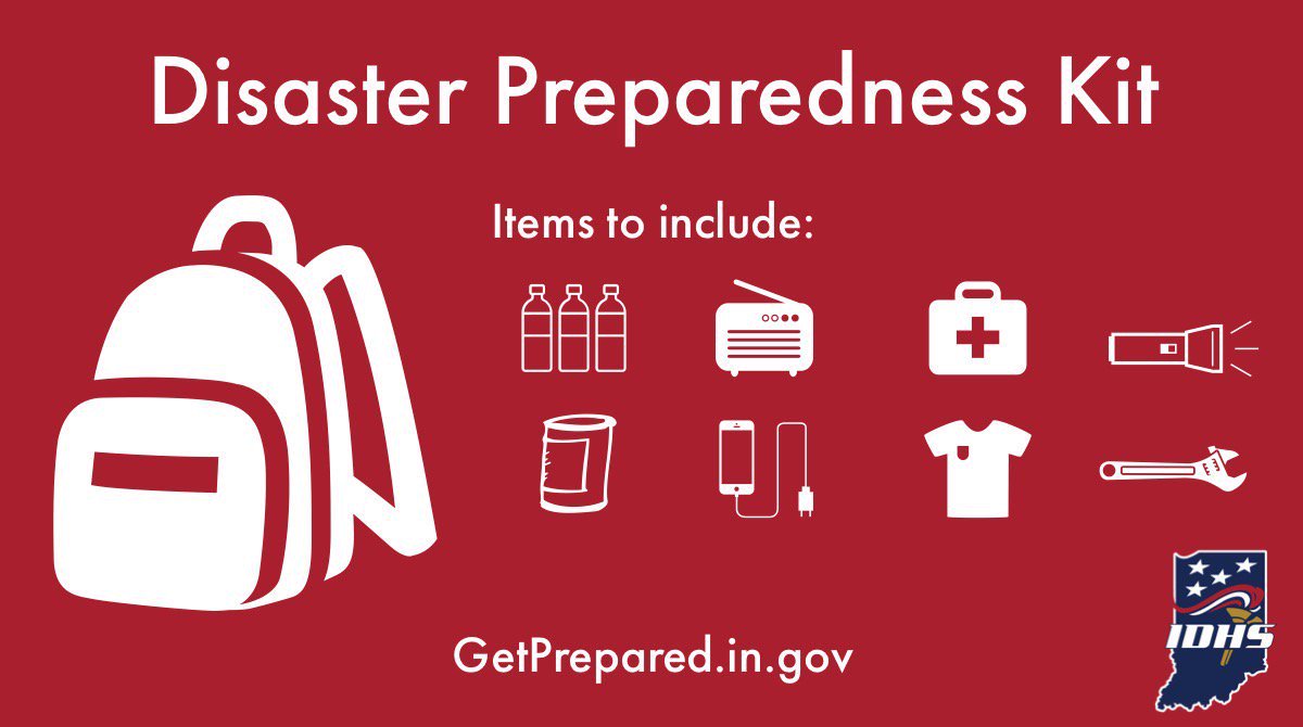IDHS's tweet photo. Spend time this weekend creating a disaster preparedness kit! 

Already have one? We’d love to see it, so we can share kit ideas with Hoosiers across the state.

Go to https://t.co/9WtdI2nf8c for 1️⃣0️⃣ important items to include in your kit! https://t.co/RoFmVq1KF9