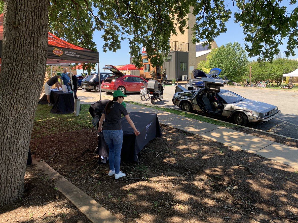 We have arrived at <a href="/EarthDayATX/">EarthDayATX</a> and are set up for you to get your #TimeTravel on. #BackToTheFuture #BTTF #delorean #timemachine #austin #AustinTexas
