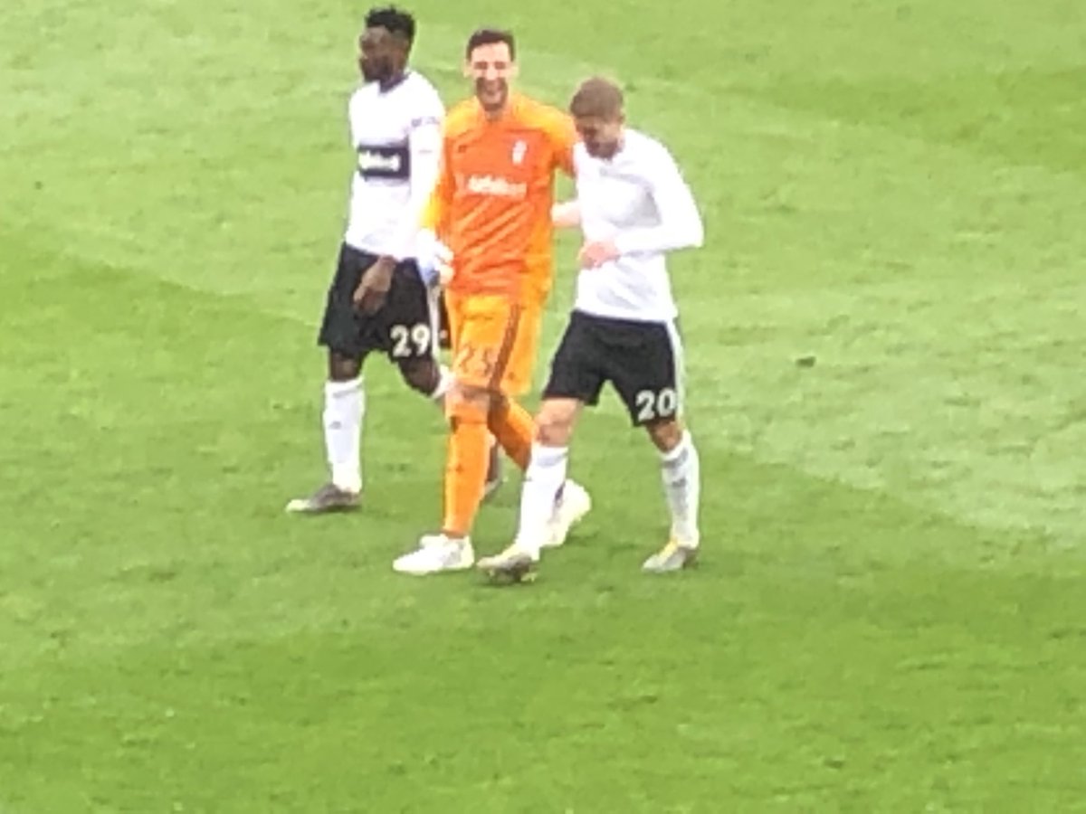 cottage_central's tweet photo. Great scenes at full time. Cairney and Gray. Mitro and the fans. Rico and the lads. Defence loving it. 

We’ve got our Fulham back #ffc https://t.co/pGi0VDgZjr