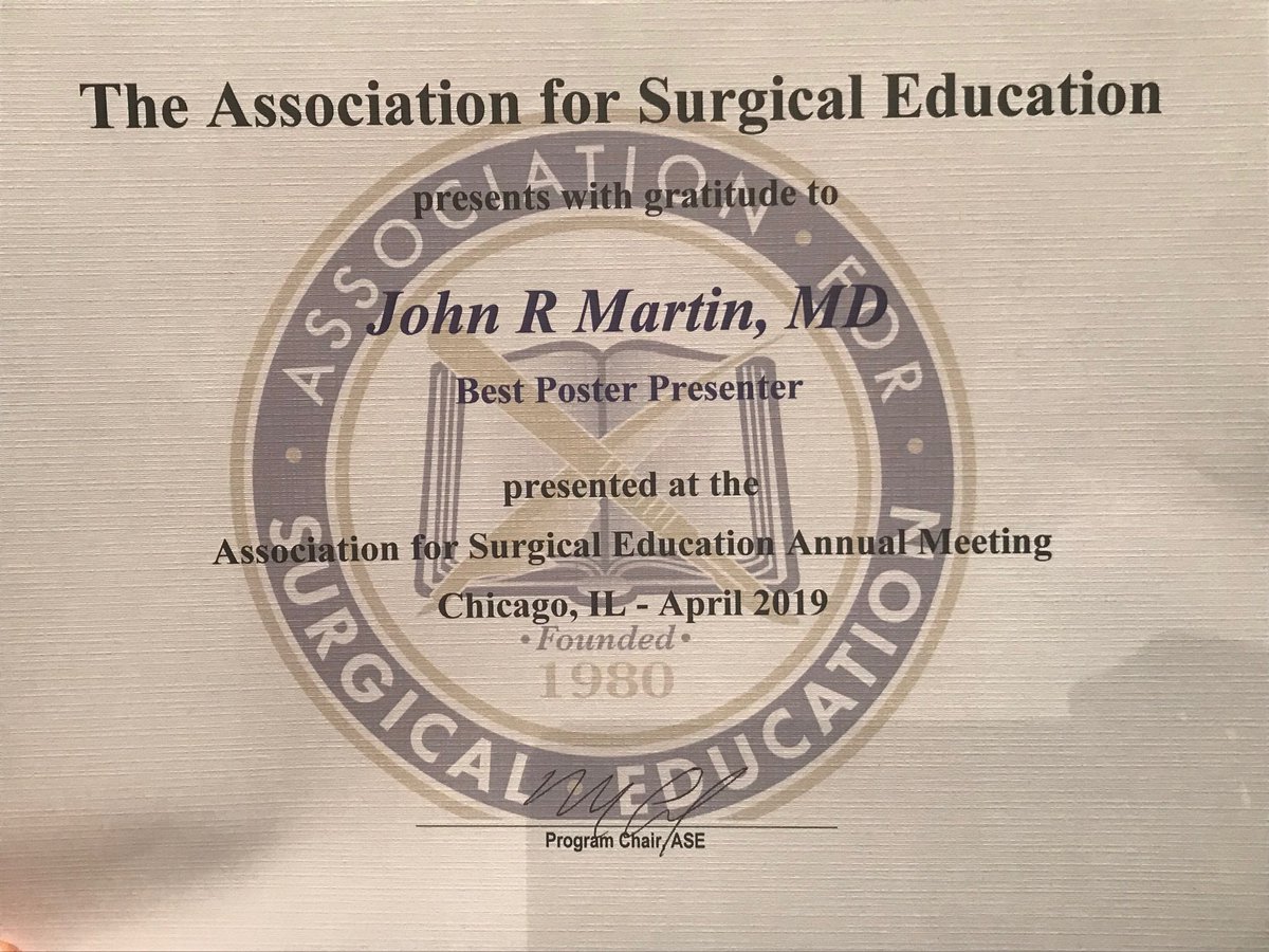 dstefanidis1's tweet image. Congratulations to Dr John Martin for his best poster award by the ⁦@Surg_Education⁩ for his work on proficiency based curriculum development ⁦@IU_Surgery⁩ ⁦@jenchoi_iu⁩ #SEW2019