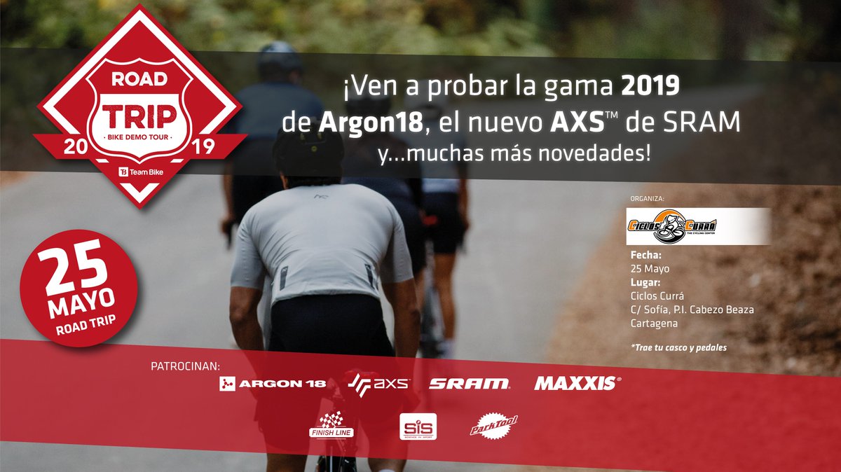 Hola a todos, el próximo día 25 de Mayo Ciclos Currá y Argon18 organizamos un evento con 12 bicicletas gama 2019.
La ruta será aproximadamente de unos 30/40 kms.
Reserva ya tu plaza pasándote por nuestra tienda del polígono Cabezo Beaza.
Un saludo
Argon18 y Ciclos Currá