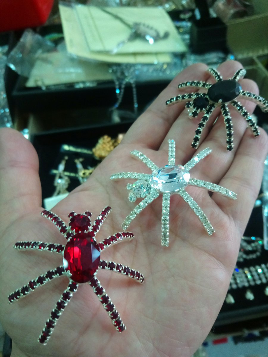 minidiamondUK's tweet photo. Spider family brooches. All Swarovski crystal. Hand made in England by us, Mini Diamond. Wear off the shoulder or along neckline. All colours available. Export worldwide. Trade orders welcome. Direct message please. https://t.co/yZdGIewSUE