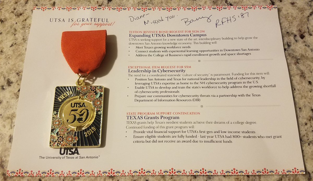 TxSmiley1's tweet photo. Thanks to my high school classmate Barry McKinney for this awesome UTSA Fiesta pin! Thank you and sorry I missed you! #UTSA #SAFIESTA #Classof87 #Rockportstrong https://t.co/UTgWoWFUWl