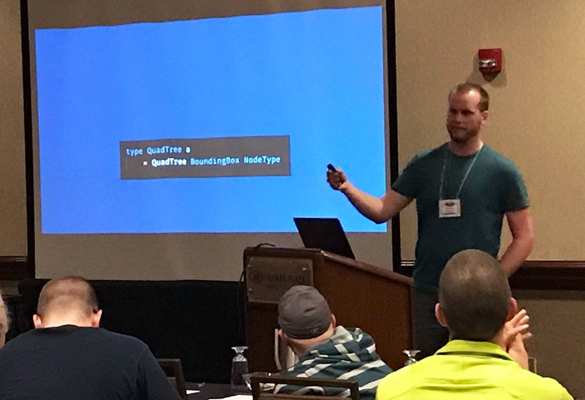bryan_hunter's tweet image. Fun code in @ckoster22’s “API Design For Functional Programmers” at #lambdasquared. Going to steal the quad tree and phantom type bits for a @NashFP coding dojo.