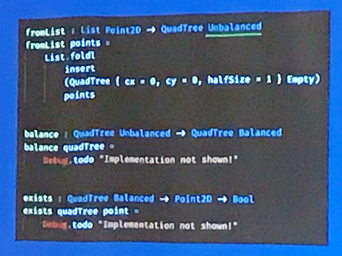 bryan_hunter's tweet image. Fun code in @ckoster22’s “API Design For Functional Programmers” at #lambdasquared. Going to steal the quad tree and phantom type bits for a @NashFP coding dojo.