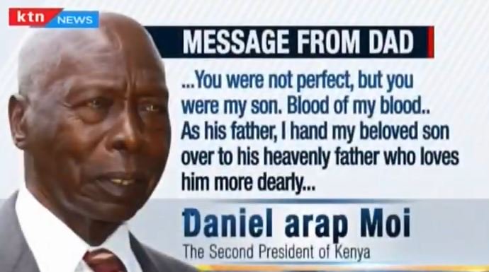 KTNNewsKE's tweet photo. Former president Daniel Moi eulogized his son Jonathan Moi as 'a gentle soul' who had ''a pure heart and had great sensitivity for the world around him." 

#KTNWeekendPrime #JonathanMoiSendOff https://t.co/kBCrWa1NDe