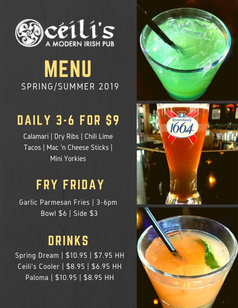 NEW HAPPY HOUR SPECIALS!! Come in from 3-6pm and try one of our new feature drinks and enjoy one of our select appetizers for $9.
#yycpubs #yychappyhour #yyc #yycliving #yycnow #yycfoodie #yyceats #irishpub #hereforthecraic #ceilislife