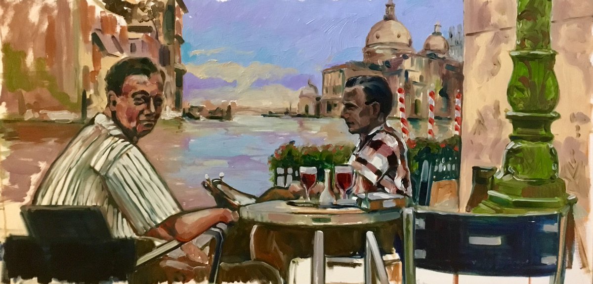 suffolkpainter's tweet image. The first steps in this new painting. Bold strokes, bright colours. #wip #benjaminbritten #peterpears #deathinvenice #venice #art #paintingchallenge #portraits #oilpainting