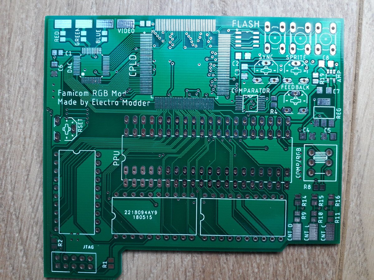 ElectroModder's tweet image. Not sure if I ever showed this off. Here's a Famicom RGB mod board I made at the start of last year. It has 17 built-in colour palettes which you can change on the fly. This is actually where the CPLDs for the first adapters came from!
