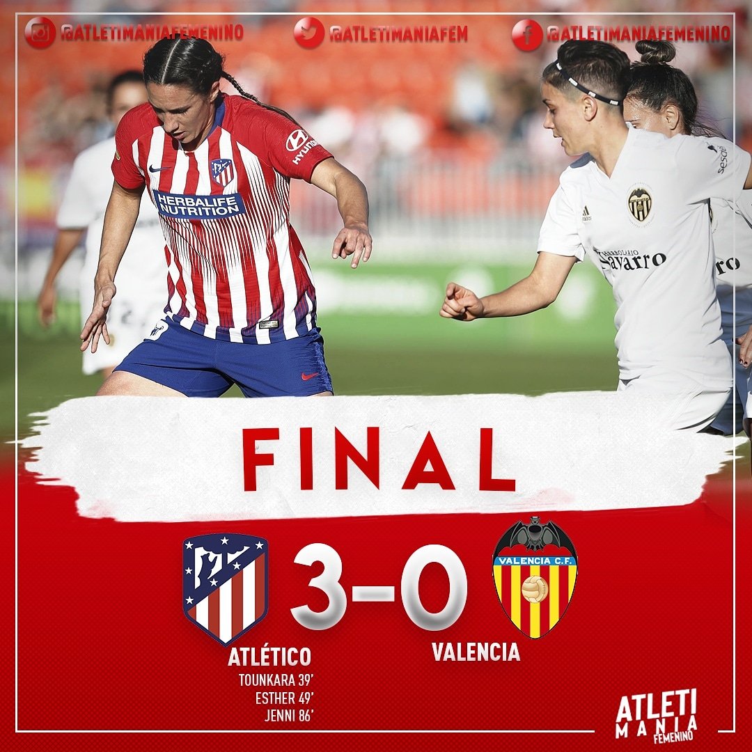 90' - FINAL DEL PARTIDO!
Victoria contundente ante un Valencia que no ha bajado los brazos en ningún momento.
Los goles de @Aissatou75 , @Estheeer9 y @Jennihermoso nos acercan más al titulo liguero!!#AtletiValencia #AúpaAtleti #Atletifemenino