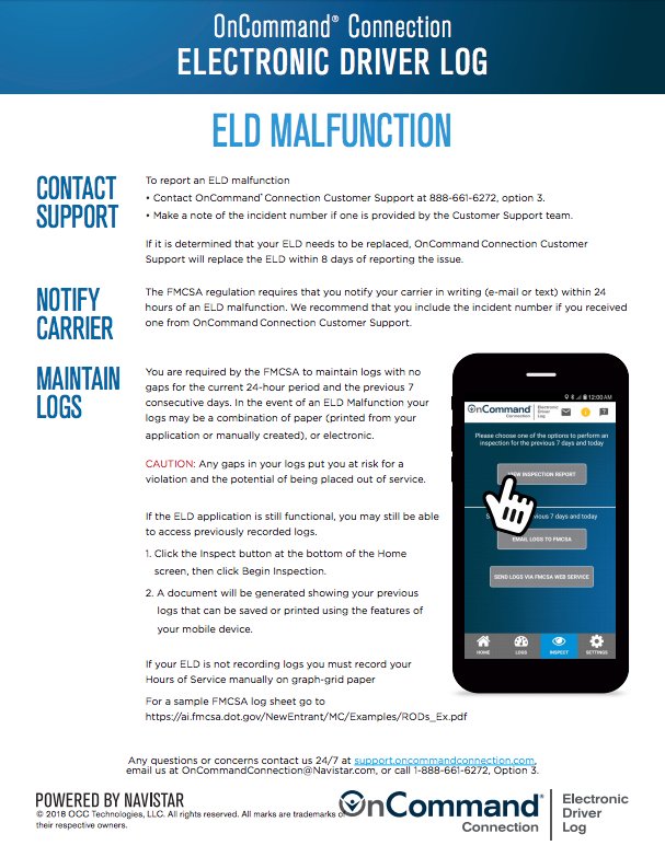 OnCommandConnec's tweet image. Do you know what to do when you experience a ELD malfunction? We have done the hard work for you by creating this quick reference guide that explains EXACTLY what you need to do. Read or download it here: bit.ly/ELDMalfunction…