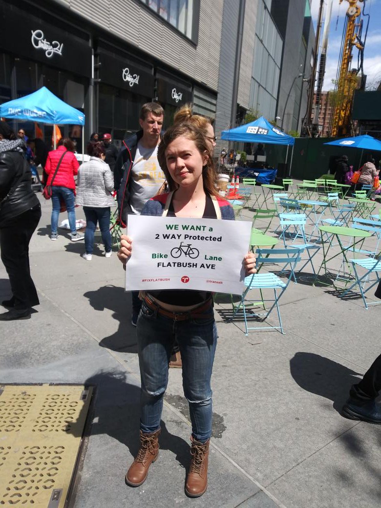 Celia Pain at at CarfreeDTBK today showing her support for @TransAlt campaign for two-way bike Lanes on Flatbush Avenue in order to create safer conditions for cyclist and pedestrians #FiXFlatbush #SaferStreets #CarFreeEarthDay #bikenyc #EarthDay