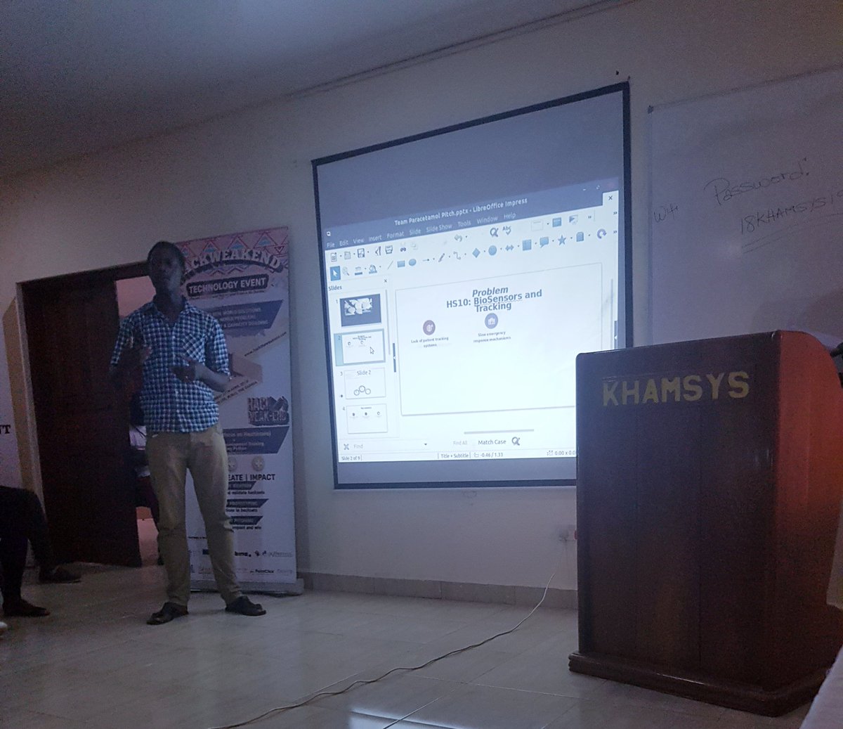 hackweakend's tweet photo. Presenting now at the #HackWeakEnd2019 pitching competition is #Team_Paracetamol
#Hackseth10 on their project:
#Trackingy_System
For tracking people inside the hospital using bluetooth tags.
#SocialImpact #techforgood #Gambia #TechnologyEvent2019
@DrKebsun
@WHO https://t.co/bFt7vEI0f2