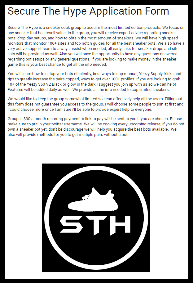 SecureTheHype's tweet photo. Secure The Hype Applications are live! If you would like to join our elite sneaker resell discord fill out the form.

Price is $30 a month for lots of features.

I will pick a random RTer to join with no monthly charge. Retweet and follow to be eligible.

https://t.co/PylhriCs3m https://t.co/PXG8EGgeMR