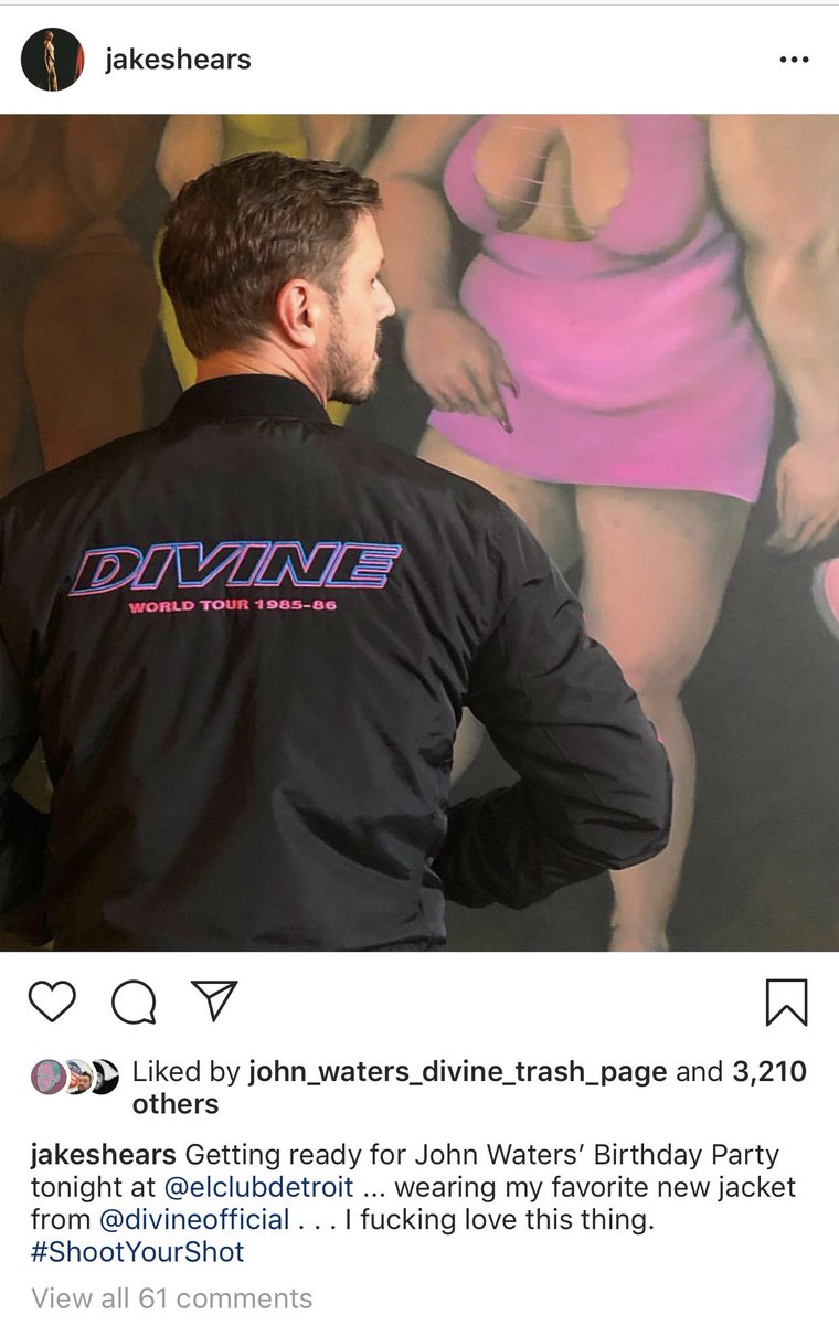 DivineOfficial's tweet photo. Repost: @Jakeshears
Getting ready for #JohnWaters’ Birthday Party tonight at @elclubdetroit ... wearing my favorite new jacket from @DivineOfficial . . . I fucking love this thing!
https://t.co/Apag2Ujyyp
#ShootYourShot #Divine #JakeShears #ScissorSisters #ElClubDetroit https://t.co/kejDyHmAB4