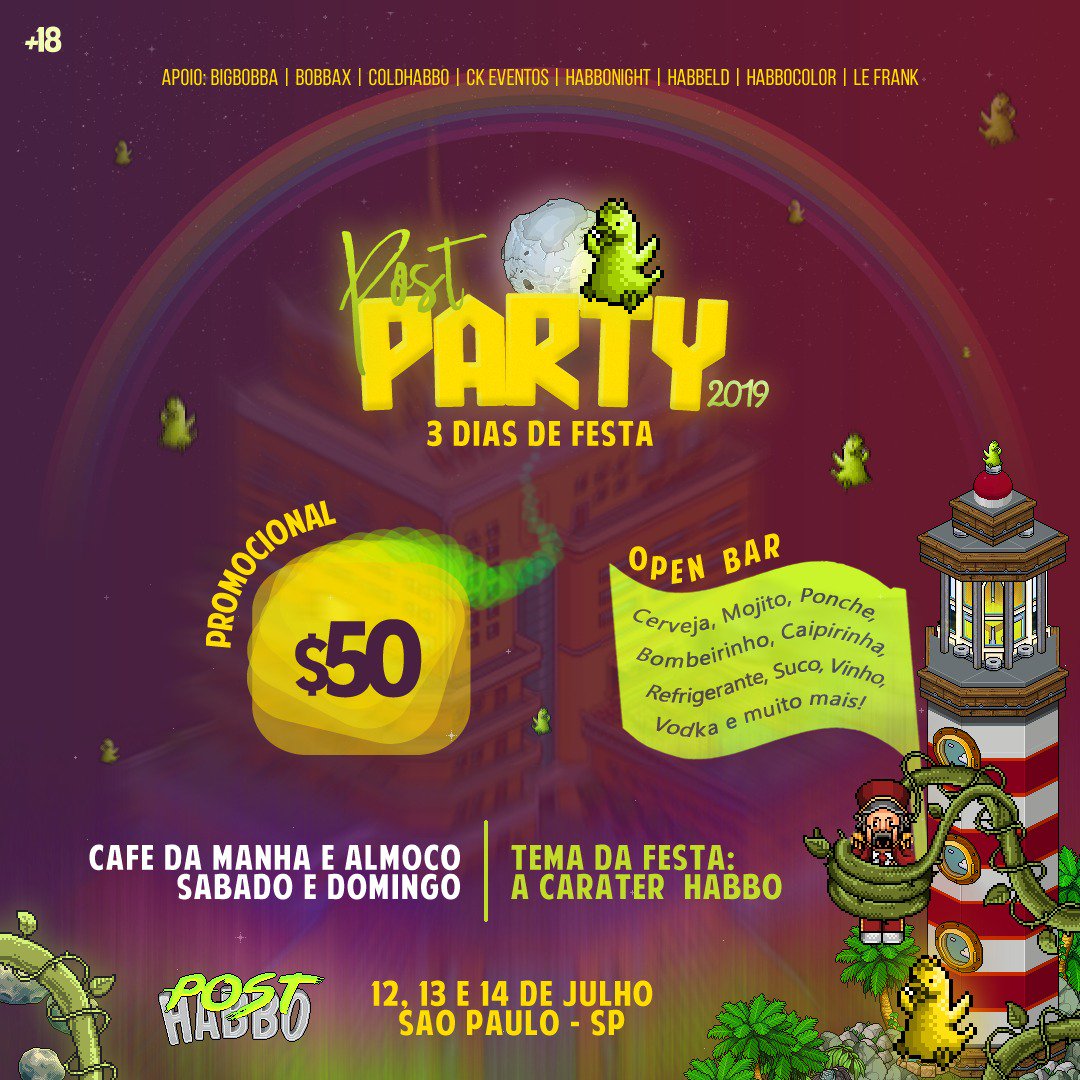 PBigbobba's tweet photo. A PostParty 2019 é real e iniciou com o lote promocional [LIMITADO]🕺🏽Não percam tempo, corre lá e adquira agora com desconto seu ingresso, para isso use nosso cupom secreto SEUCUPOMAQUI! Não fique de fora dessa. #PostParty2019 #BoraBobbar #VemJulho @PostHabbo_ https://t.co/cPiFwLdNpc
