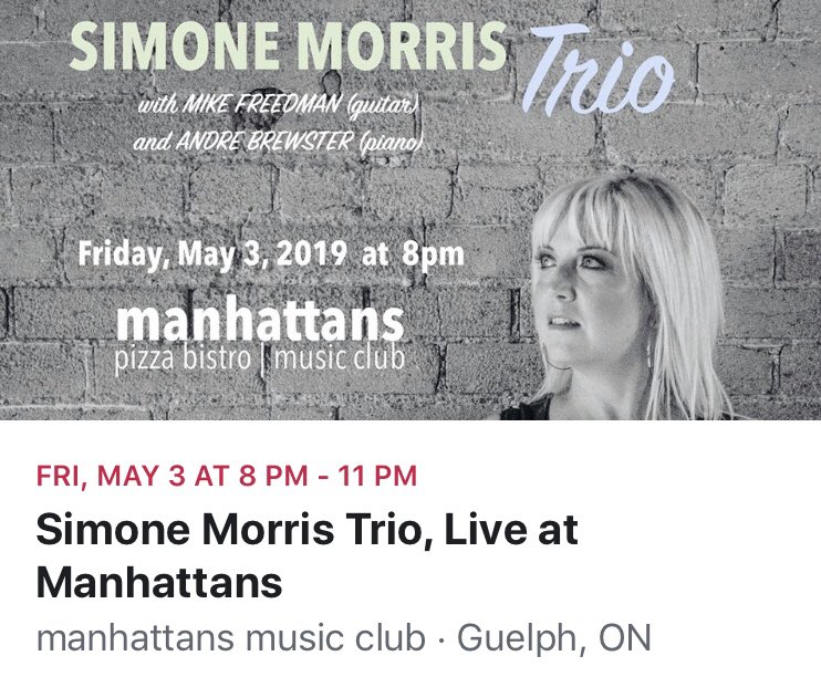 So excited to return to Manhattans Music Club Fri, May 3 at 8pm. Extra-inspired in a room full of #goodvibes provided by amazing ambience, my stellar musicians, and all the lovely people who inevitably come out to enjoy it.  See you at <a href="/manhattansmusic/">manhattans</a>, #guelph!