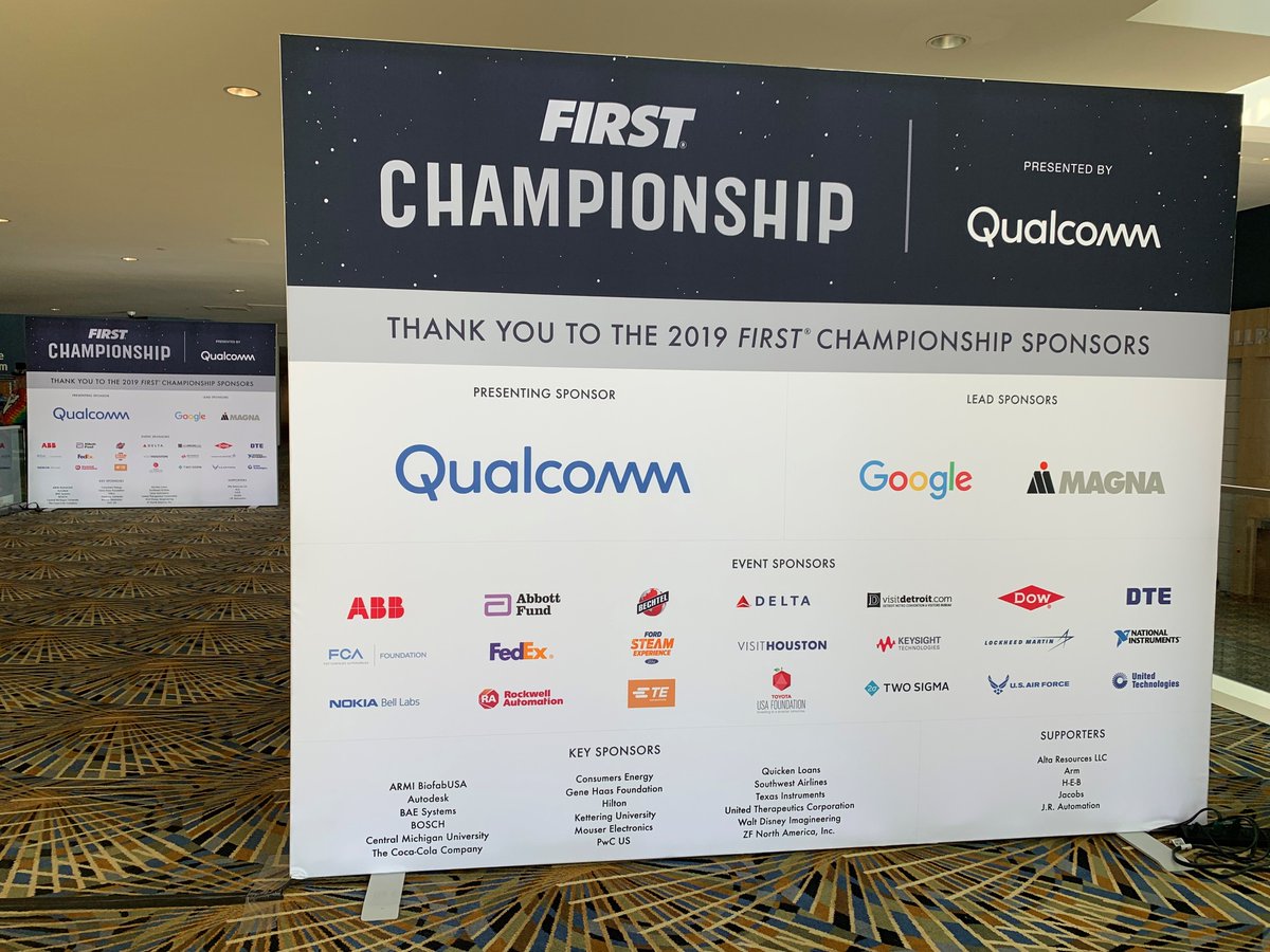On the last day of #FIRSTChamp, I’d like to thank all our 2019 FIRST Championship sponsors, led by <a href="/Qualcomm/">Qualcomm</a>. Qualcomm’s longtime support of this event is proof of a commitment to supporting the next gen of innovators &amp; increasing access to #STEMed. #FIRSTinspires #InventionAge