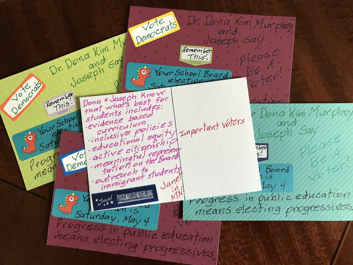 stitchingart's tweet photo. 5 quick cards for a school board election in Pearland, TX. #ProgressForPearland #Texas #PostcardsToVoters https://t.co/9lYI0K18DN