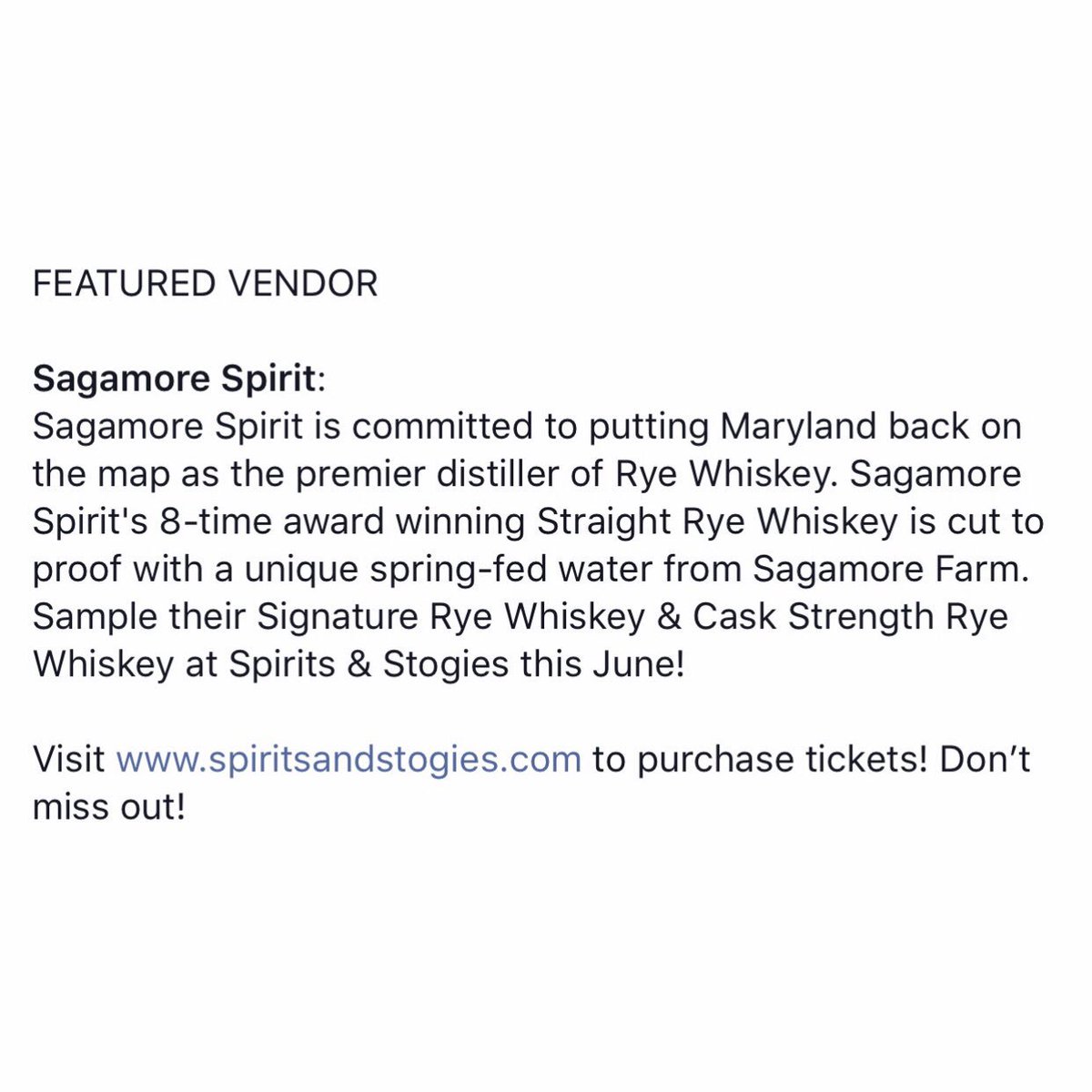 spirits_stogies's tweet photo. FEATURED VENDOR

@sagamorespirit will be attending #SpiritsandStogiesFest! | June 9th, 2019

Who’s excited!? Maryland will be in the house!! Get your tickets today! VIP selling fast!
https://t.co/jtsoz1WU6f https://t.co/VUufwSTXc7