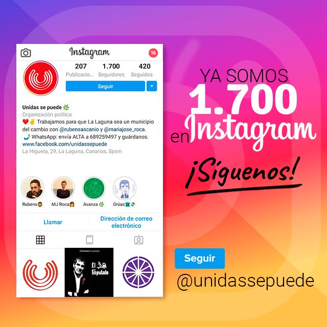¡Somos 1700 en instagram!

Aquí te contamos de forma más directa y más cercana, nuestro trabajo en el día a día para mejorar la vida de la gente de #LaLaguna. ¡Echa un ojito! 🔎🙃