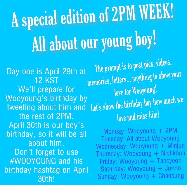 2pmPromo's tweet photo. Our next #2PMWEEK will be a celebration of #WOOYOUNG ‘s birthday 🐤💙 Starting Monday April 29th at 12AM KST 

Are you ready?

(remember not to use the birthday hashtag before the 30th) https://t.co/J8a8AWUniA