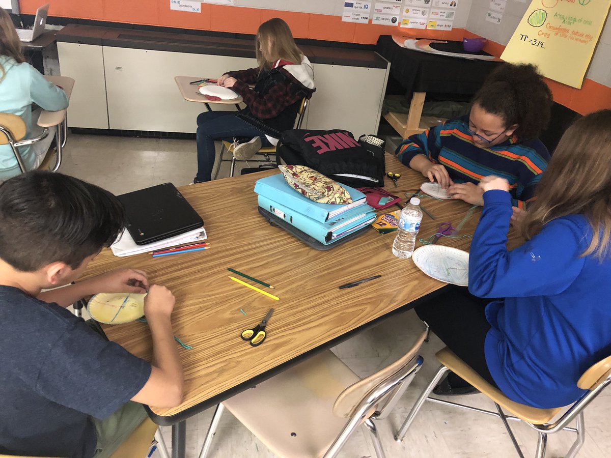 marybasney29's tweet photo. Hands On Circles! We made these to be a visual/graphic organizer for parts of a circle and formulas. This year we used yarn to make connections with diameter, circumference and pi. #makeithandson #makeitstick #mcdowell590 #middleschoolmath https://t.co/A49NLDdRWo
