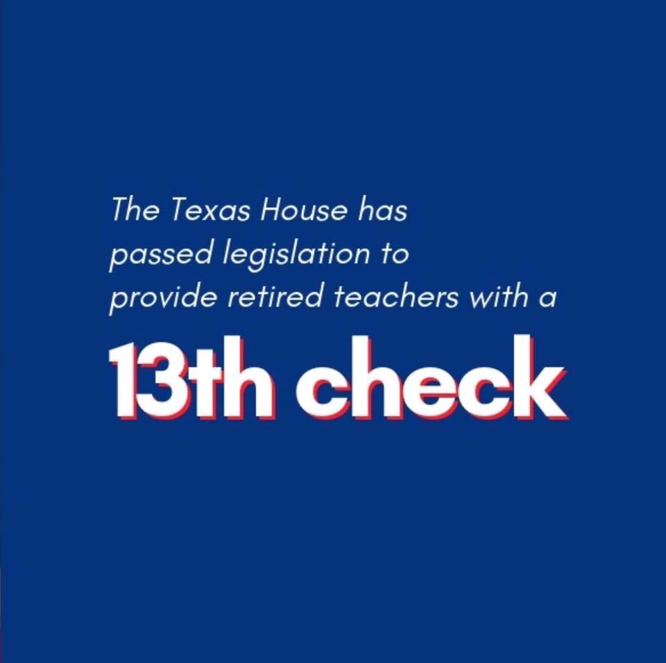 EddieLucioIII's tweet photo. The @TexasHouse version of Senate Bill 12 funds a 13th check for retired teachers, makes the pension fund more stable and solvent, and incrementally increases the state's contributions to the fund over a five-year period. #txlege #TexasRetiredTeachers #TRSofTexas https://t.co/CrEqmlmjqO
