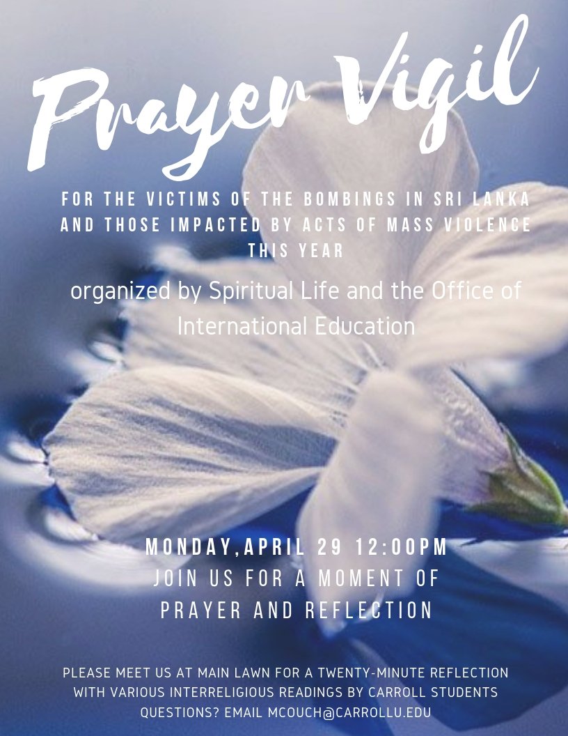 Join us this Monday for a moment of prayer and reflection at 12 pm in the Main Lawn.

#peace #internationalpios #carrollu #CUOIE